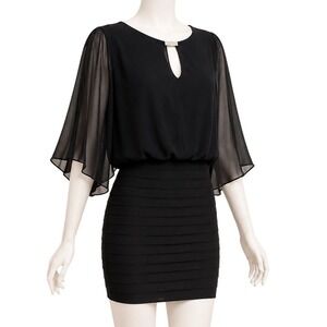 CACHE Sheer Cape Sleeve Bandage Cocktail Dress Rhinestone Keyhole Neck | Sz 4